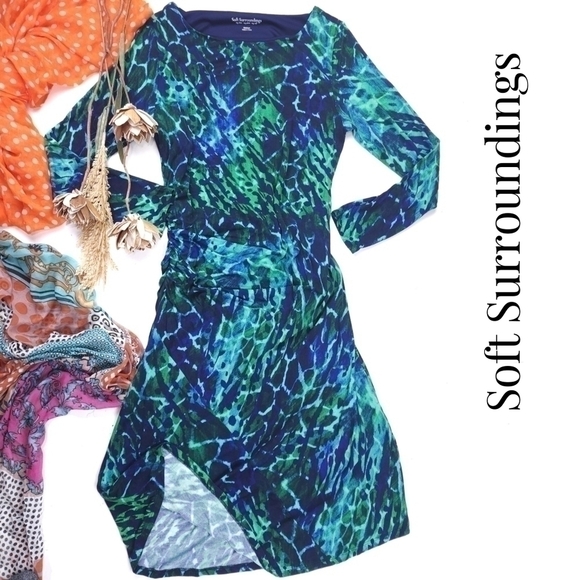 Soft Surroundings Blue Green Side Rouged Soft Viscose Blend Dress Sz M - Picture 1 of 11